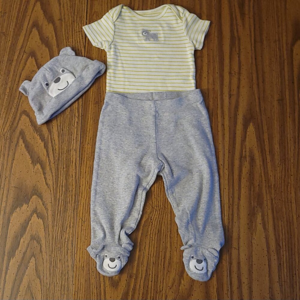 Carter’s Baby 3pc Outfit Set 9M Bear Footed Pants Hat Bodysuit